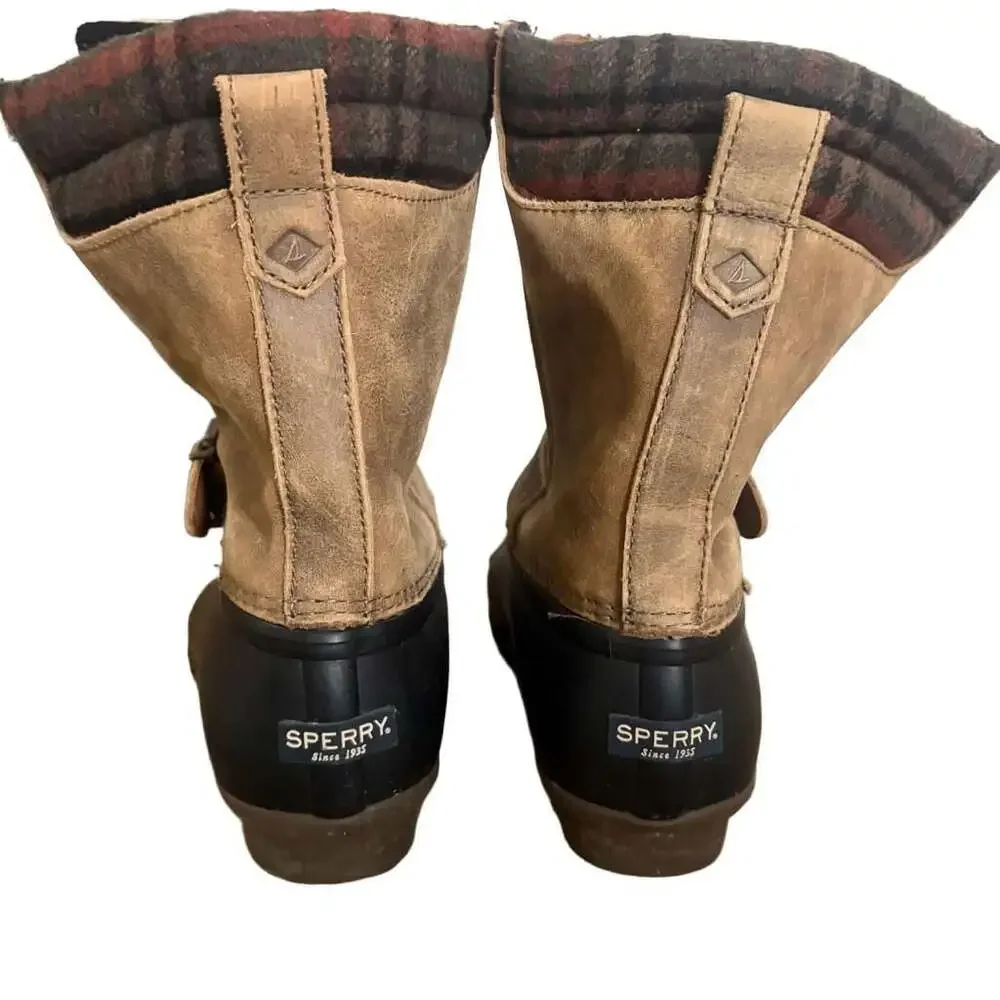 Sperry Saltwater Duck Boots Women’s 8 Tan Leather Waterproof Plaid Cuff Zip Lac